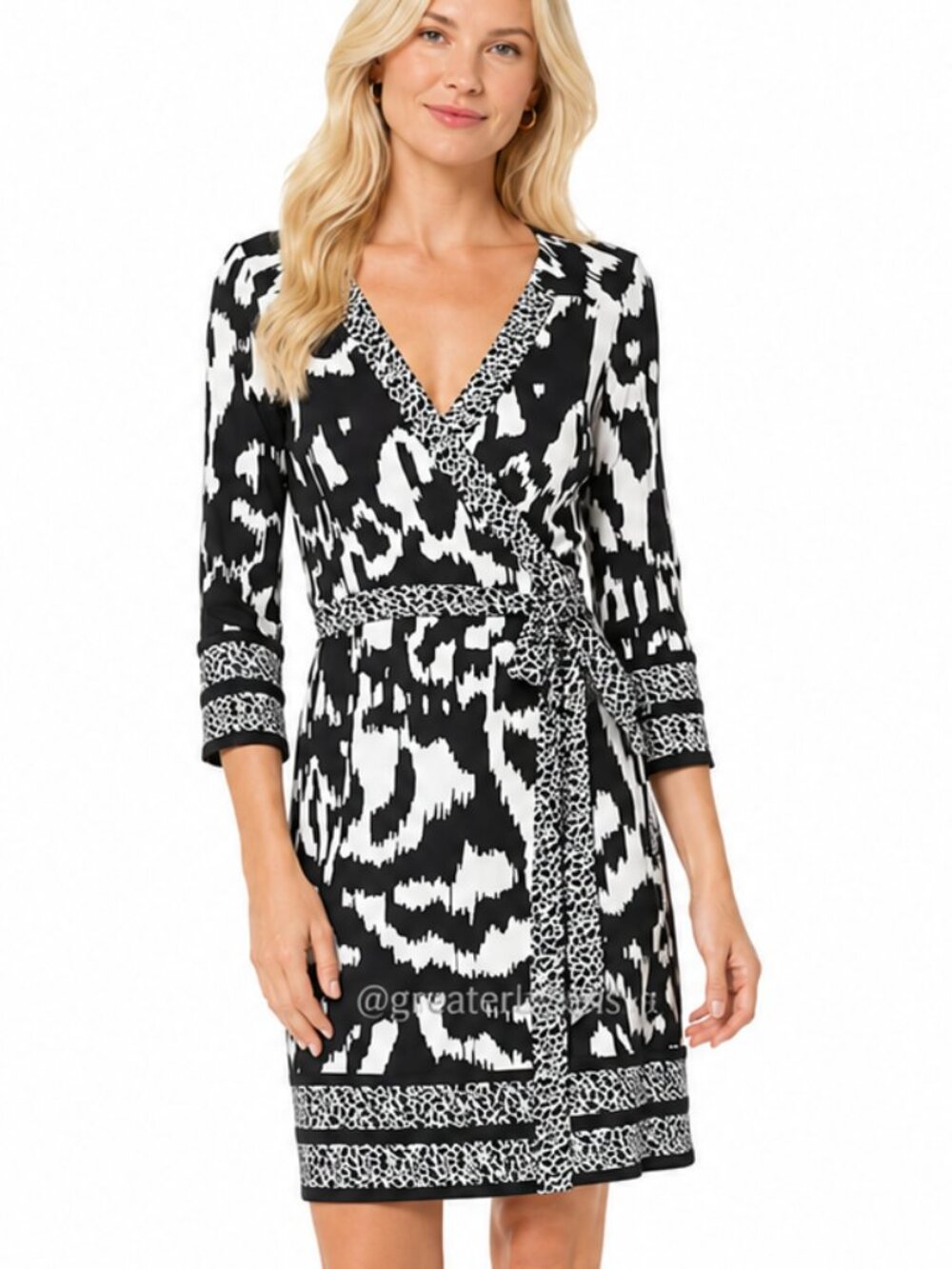 DVF Tallulah Black and White Ikat Print Silk Jersey Wrap Dress Size 4 NEW